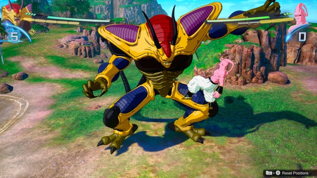 The giant bug-like Hirudegarn captures Super Buu on the island stage.